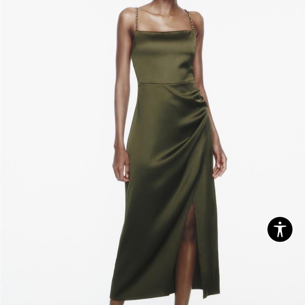 Zara Khaki Green Satin Slip Dress Beaded Straps Size Medium